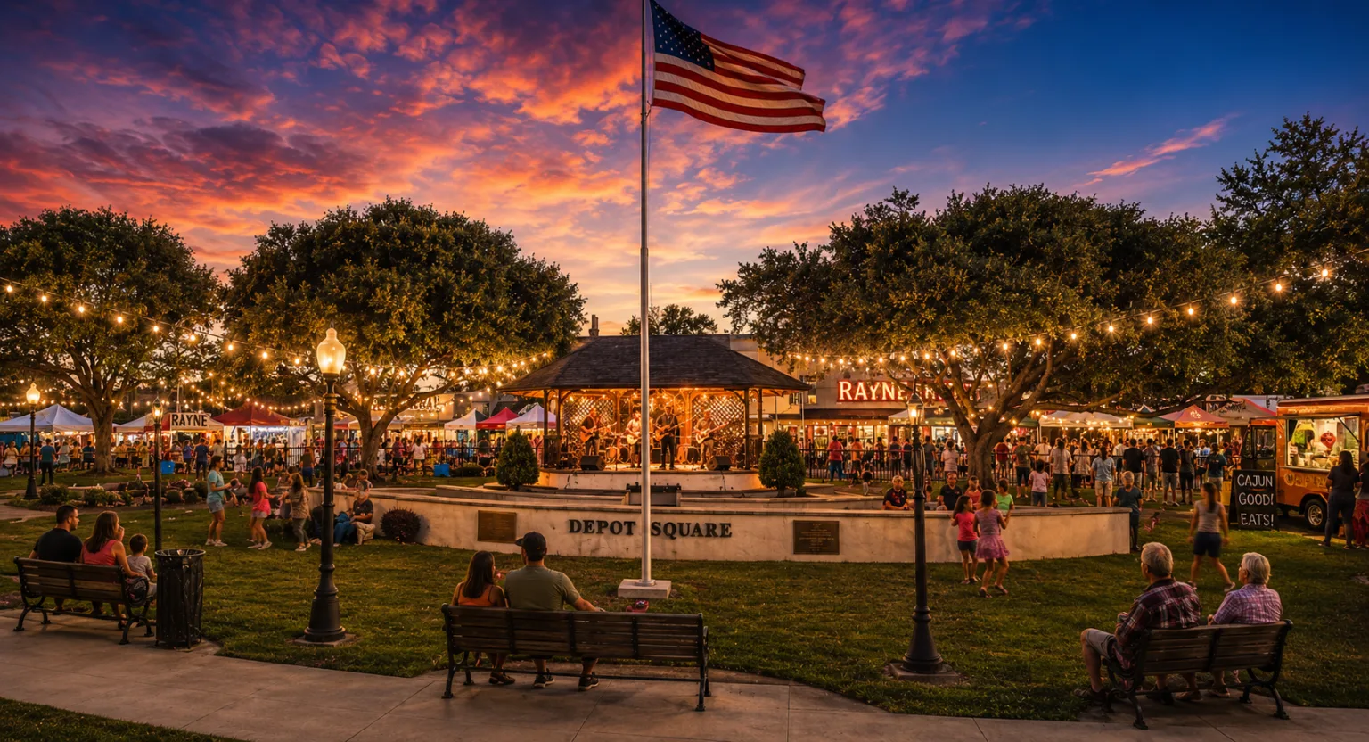 Depot Square in downtown Rayne at dusk, with the historic train depot pavilion lit by string lights, families gathered on benches, and the American flag flying against a vivid sunset.