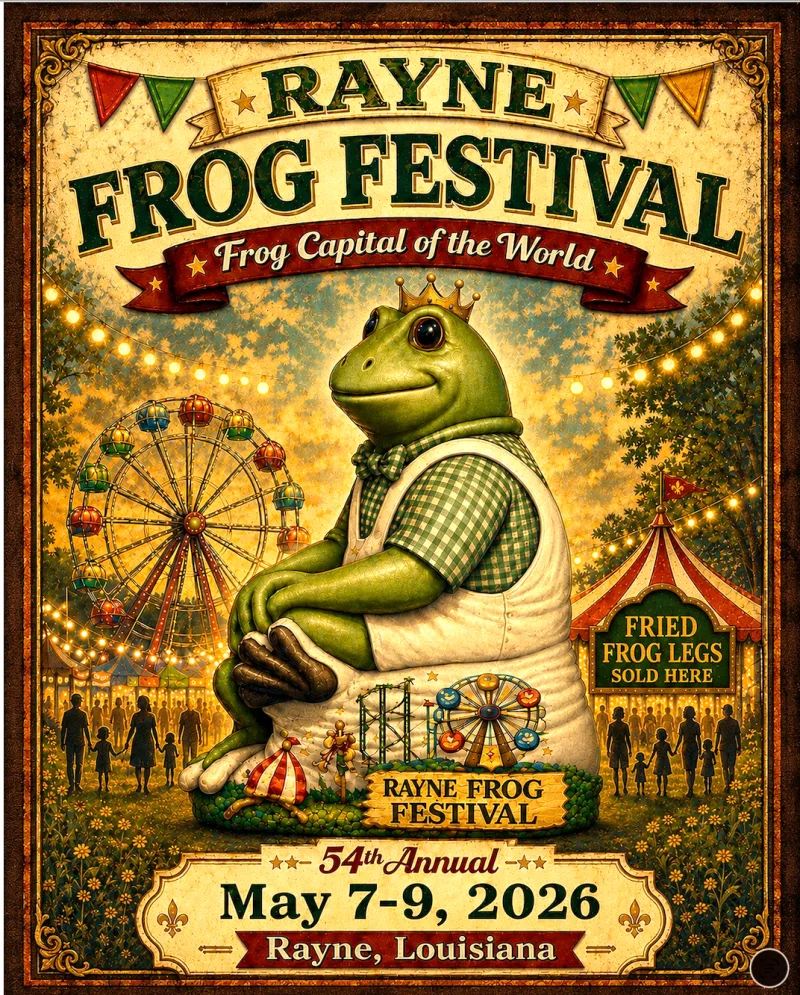 54th Annual Rayne Frog Festival poster, May 7–9, 2026, Rayne, Louisiana
